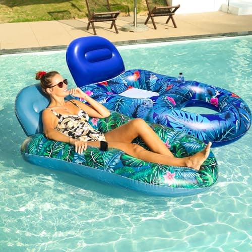 FindUWill Pool Floats Chairs Adult 2 Pack 65 x 42 Large Pool Float Chairs Inflatable Pool Lounger with Cup Phone Holder Backrest Footrest Tanning Pool Lounge BlueGreen