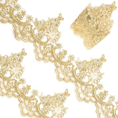 Winsyison 1 Yards Gold Metallic Venice Lace Trim 551 Inch Wide Sequin Embroidery Venice Lace Trim Ribbon Flower Metallic Ribbon Applique Embellishments for Sewing Wedding Clothes Cake Decoration