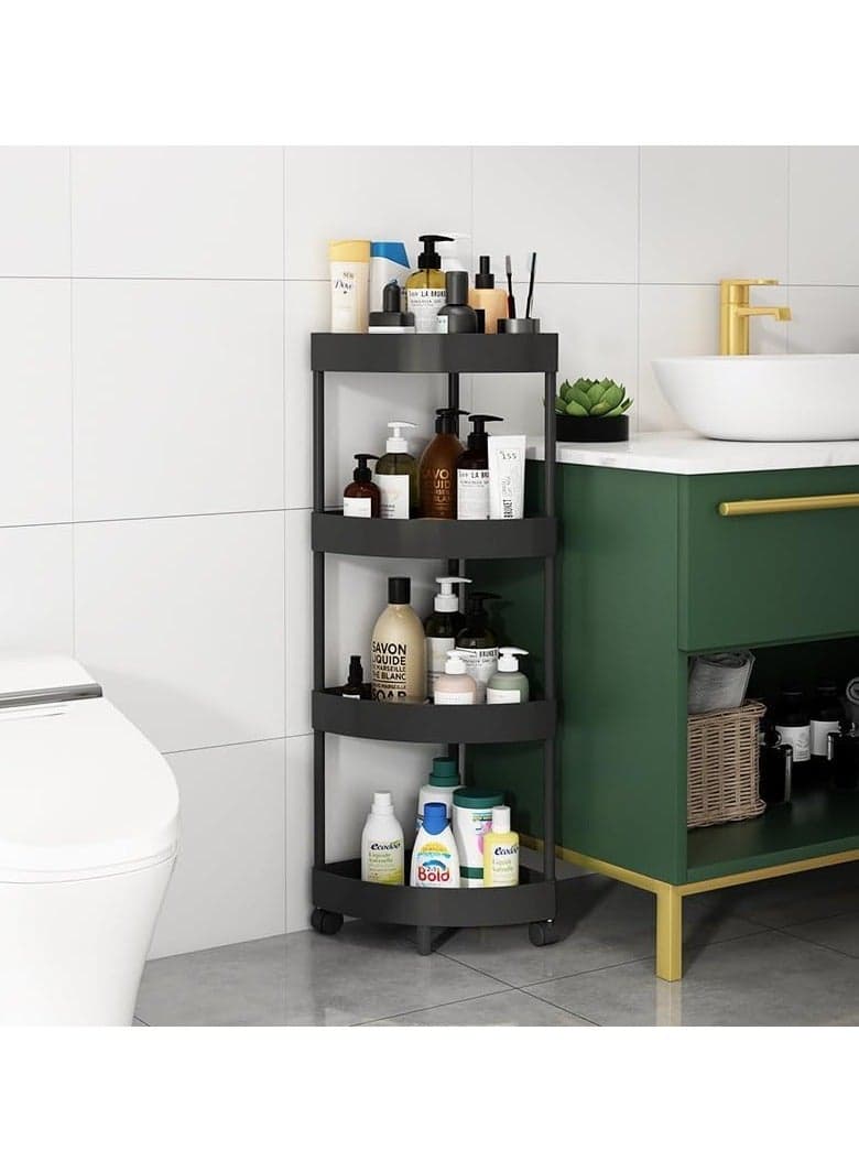 4-Layer Shower Caddy Corner Shelves Bathroom Shelving Unit Cart with Wheel Plastic Shower Caddy Organizer Shelf Rust Proof Corner Open Storage Cart for Bathroom,Kitchen,Laundry Black