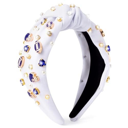 PANTIDE Football Jeweled Knotted Headband Blue Football Rhinestone Crystal Embellished Headband Wide Top Knot Fashion Hairband Mom Accessories Sport Game Day Birthday Gift for Fan Women Girl White