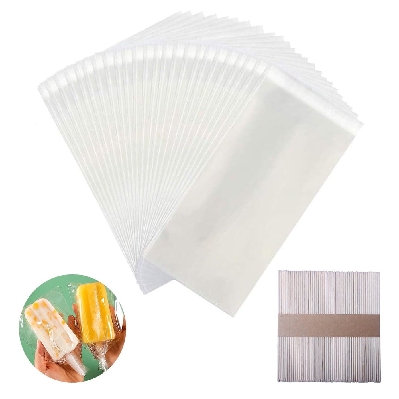 Miaowoof 200PCS Popsicle Sticks and 200PCS Bags Ice Pop Sticks and Bags For Ice Cream Selfadhesive Clear Popsicle Wrappers and Sticks