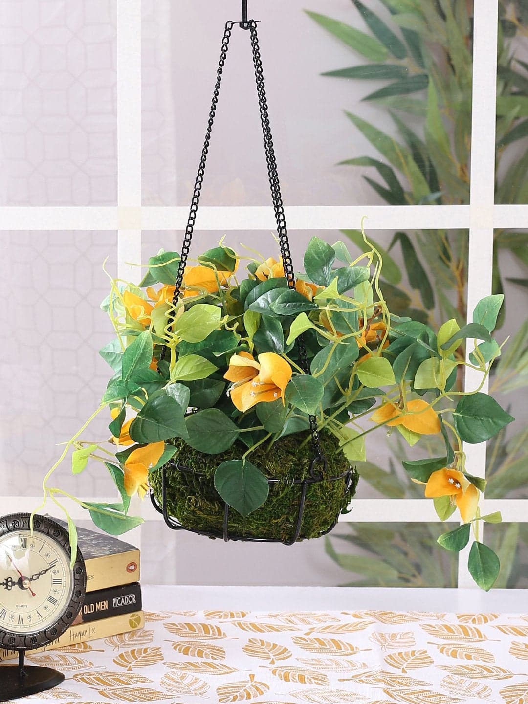 Fourwalls Decorative Polyester Artificial Bougainvillea Plant with Hanging Basket (40 cm, Yellow, HANGING 23 CM BOUGAINVILLEA -1580-YLW)
