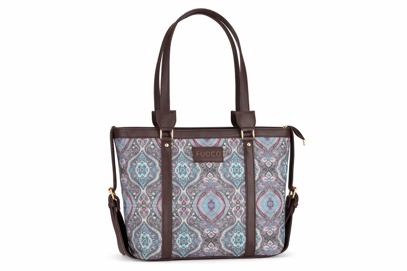 FUOCO Women’s Tote Bag Handbag | Large Shoulder Tote for Work, College & Shopping | Stylish PU Vegan Leather Purse with Zipper | Lightweight Office Bag for Women | Everyday Travel Tote (Blue Tan)