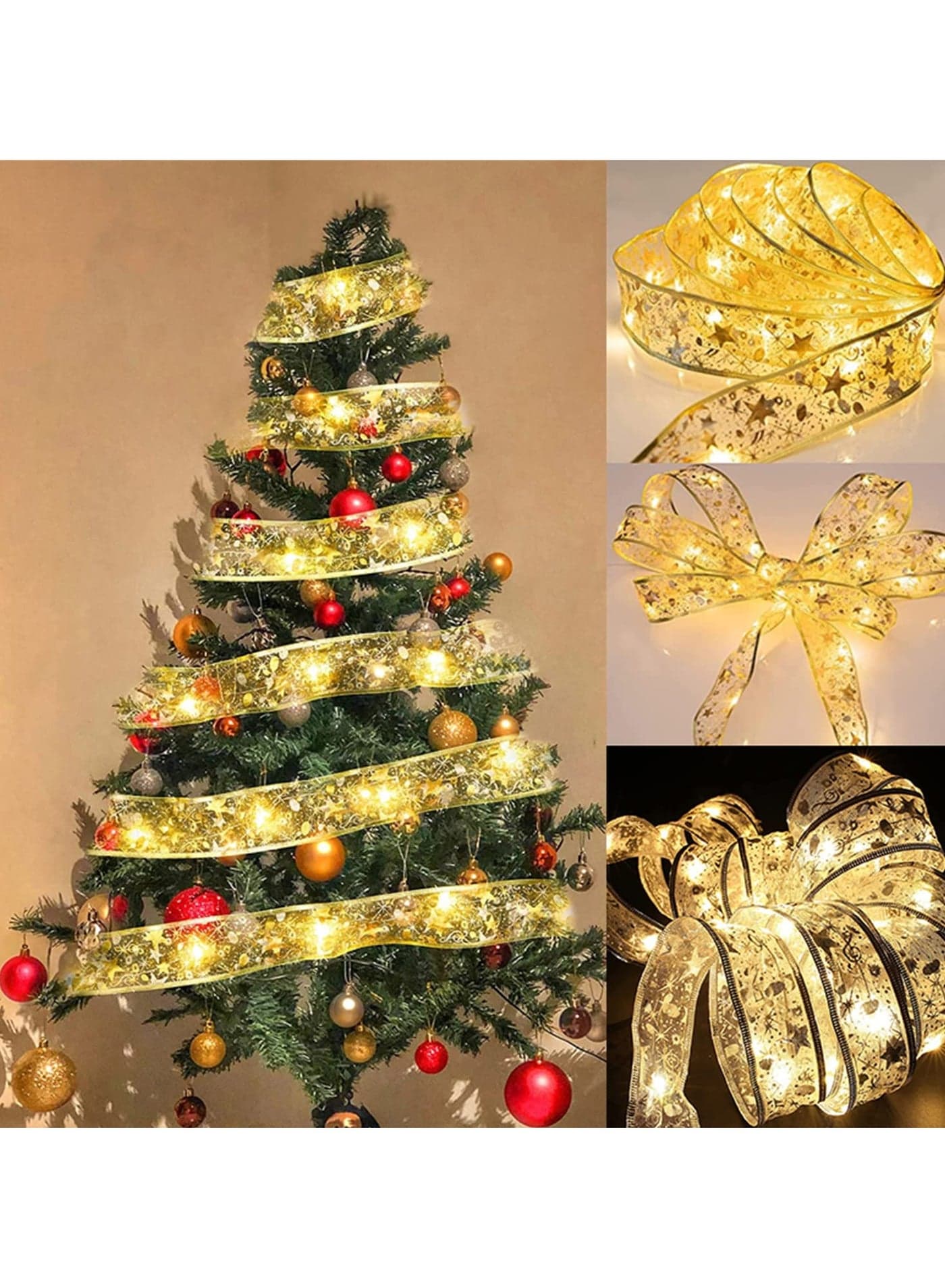 Christmas Ribbon Lights 32.8ft 100 LED Lights Christmas Tree Ribbon Fairy Lights Battery Operated Xmas String Light for Christmas Tree Party Indoor Outdoor Decorations (Gold-10M Warm Light)