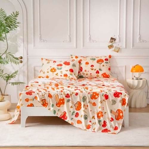 SDY 4PCS Mushroom Sheet Set Full Size,Great Cute and Comfortable Bedding Sheet for Boys, Girls, Kids and Toddler,Bed in a Bag Packaged with 1 Fitted Sheet+ 1 Top Flat Sheet + 2 Pillowcases