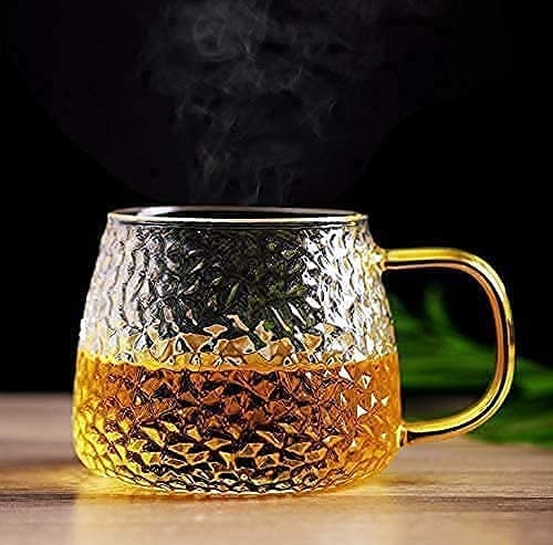 VILON Golden Handle Glass Tea and Coffee Mug – 410ml Clear Cups – Elegant Borosilicate Glass – Microwave Safe – Ideal for Tea, Coffee, Milk, Juice | 410ml | Set of 6 (Gold Teacup 6)