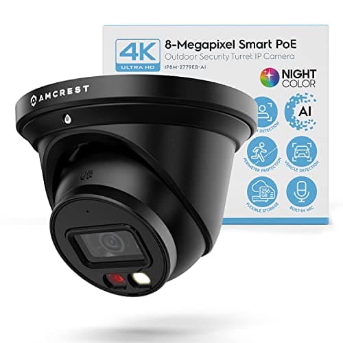 Amcrest 4K Night Color AI Turret IP PoE Camera 49ft Full Color Nightvision, Security IP Camera, Built-in Microphone, Human Detection, Perimeter Protection, 129° FOV, 4K@15fps IP8M-2779EB-AI (Black)