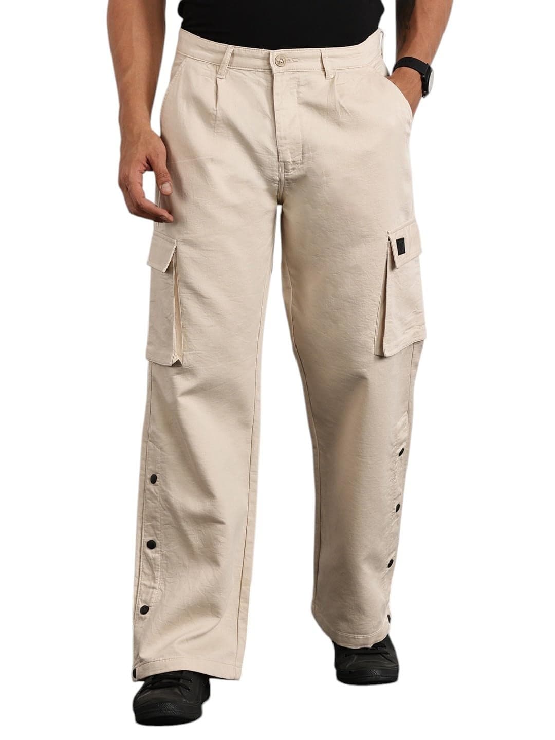 Thomas Scott Baggy Fit Casual Trouser Multy Pockets Pants for Men(TSB105_Cream_36)