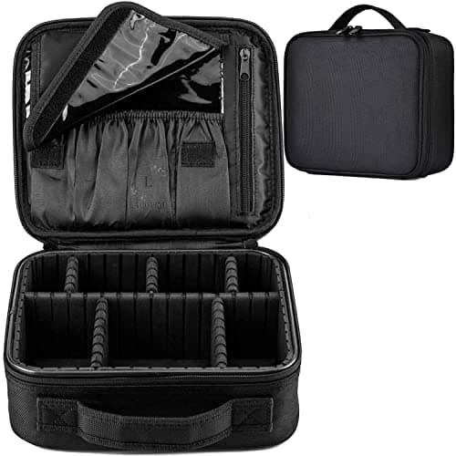 LACOPINE Nylon Travel Professional Makeup Case Organizer Bag/Travel Pouch For Women Portable Artist Storage Makeup Brush Bag With Adjustable Dividers (Black, 10 Inch (1 Layer))