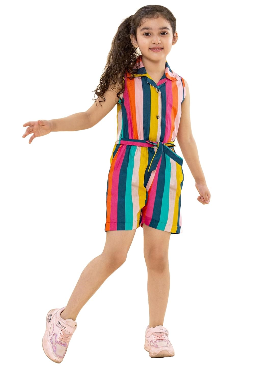 A.T.U.N. (ALL THINGS UBER NICE) Girls Striped Cotton Waist Tie-Ups Sleeveless Jumpsuit… (7-8 Years) Multicolour