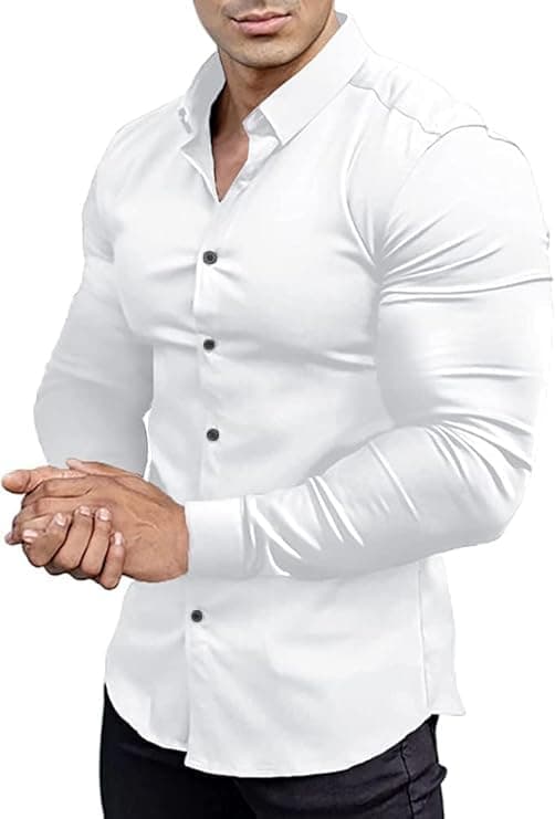 EOUOSS Men’s Muscle Fit Dress Shirts Athletic Slim Fit Long Sleeve Stretch Casual Button Down Shirt White-B Medium