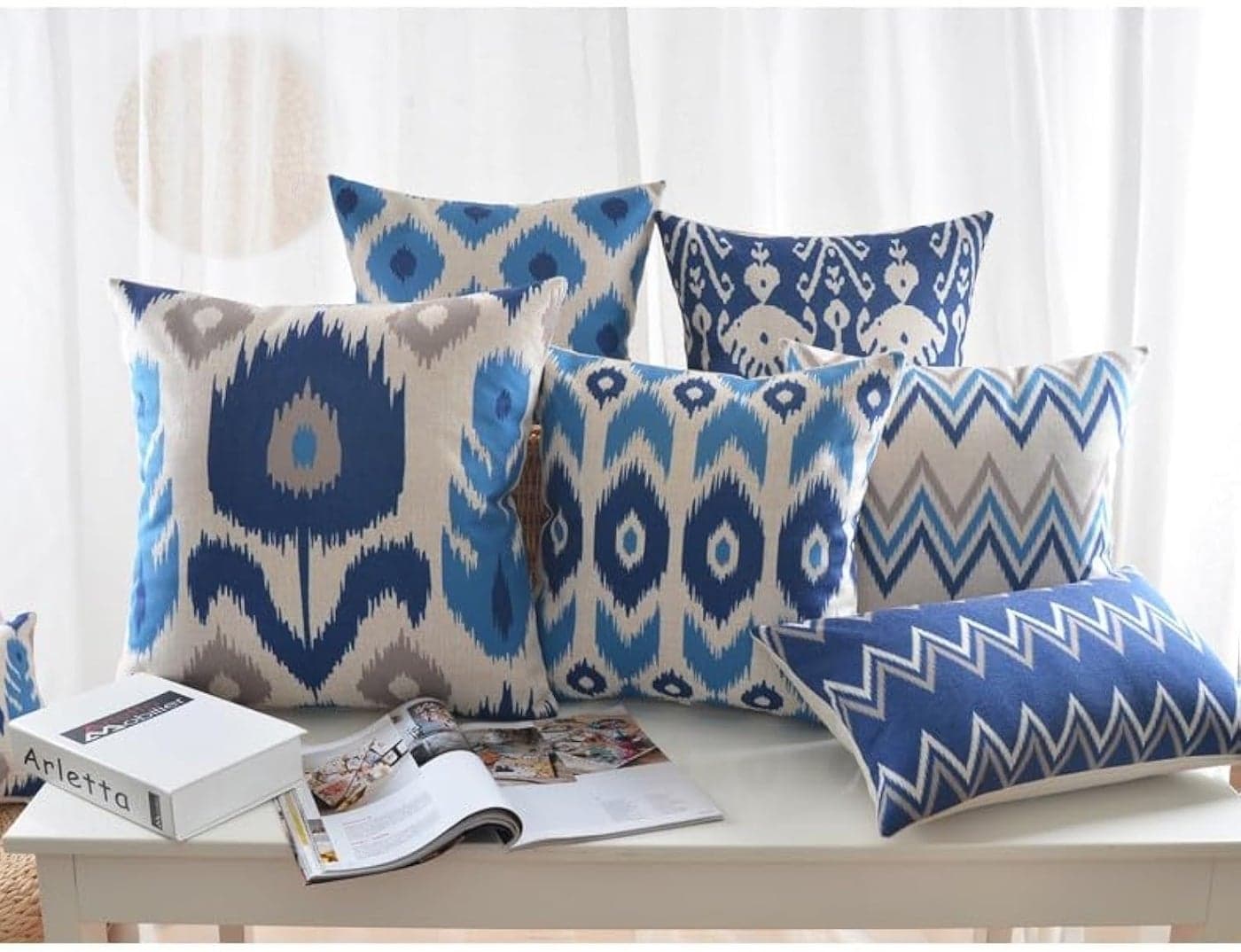 Modern Homes Indigo Blue Ikat Print Cotton Cushion Covers with Sham (18x18, Set of 6)