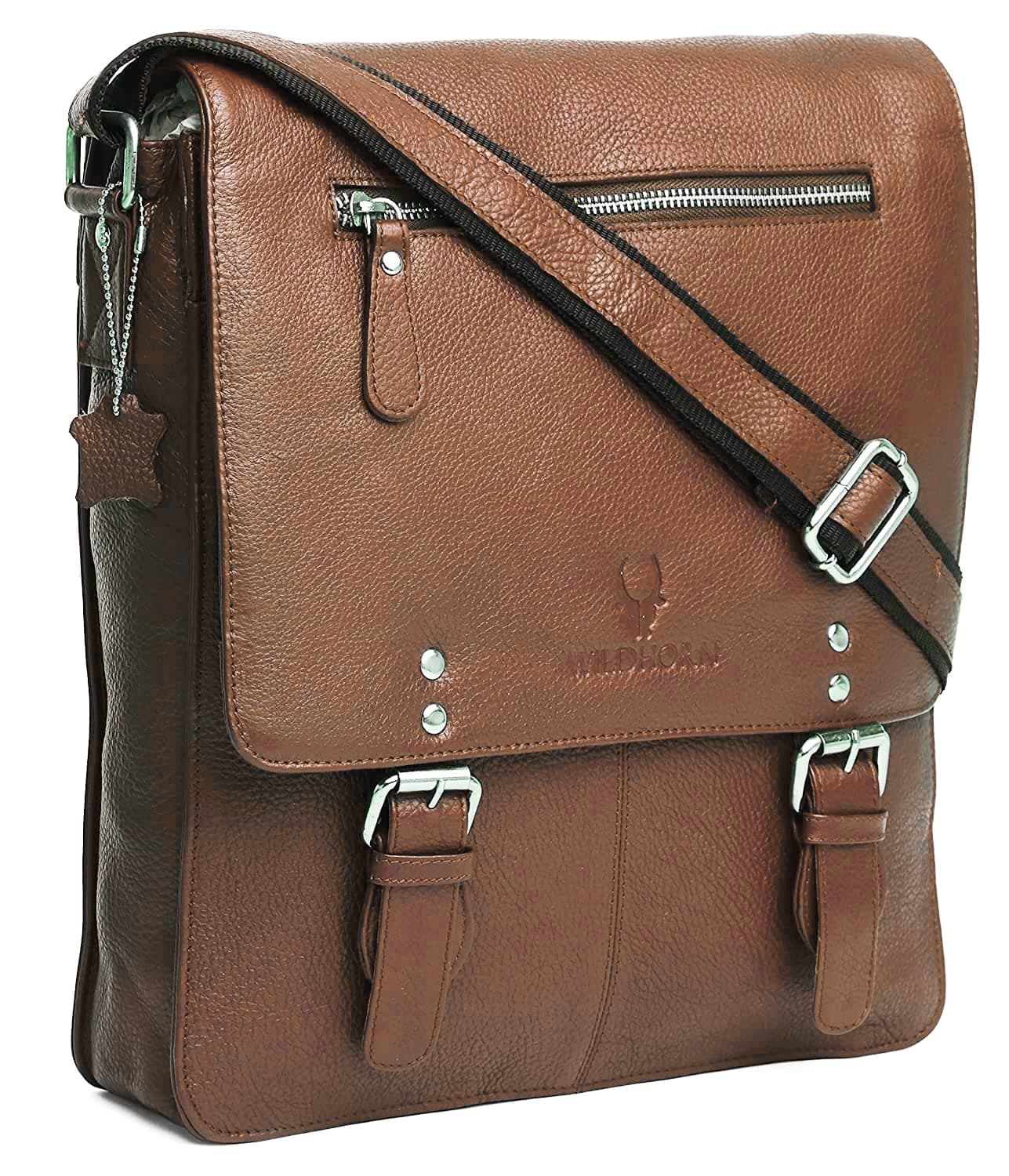 WildHorn Women Genuine Leather Sling Messenger Bag | Stylish, Functional & Spacious | Buckle Closure | Adjustable Strap | 1-Year Warranty, Brown