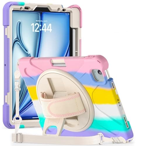 ProElite Cover for Apple iPad Air 13 inch M4/M3/M2 2026/2025/2024 Case, Rugged 3 Layer Armor case for iPad Air 13 M4/M3/M2 with Pencil Holder, Hand Grip and Rotating Kickstand, Rainbow Pink