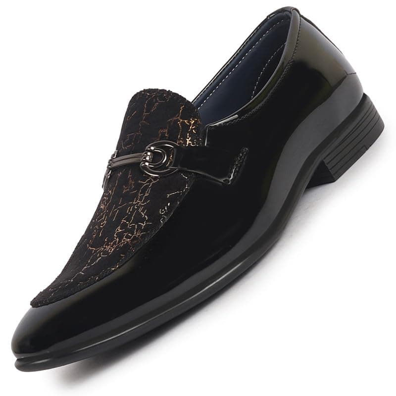 FAUSTO FST FOSMC-2160 BLACK-44 Men's Black Velvet Patent Leather Horsebit Buckle Ethnic Slip On Shoes|Party Shoe|Office Shoe|Anti Skid Sole (10 UK)