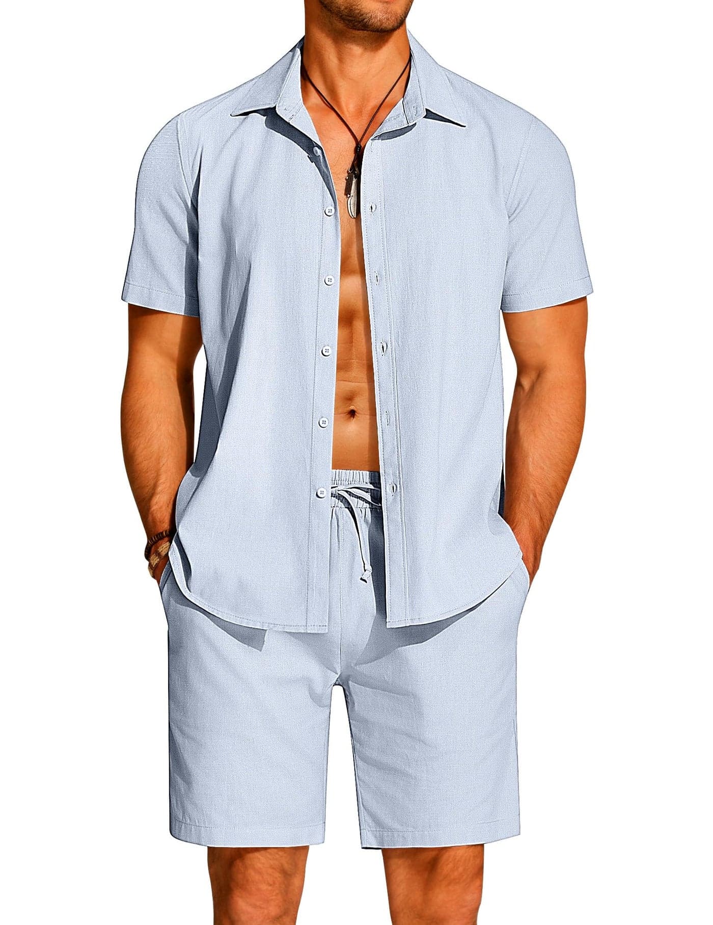 COOFANDY Mens Cotton Linen Sets Short Sleeve Shirts Casual Beach Cotton Shorts Outfits Two Piece Summer Sets Cruise Attire Blue