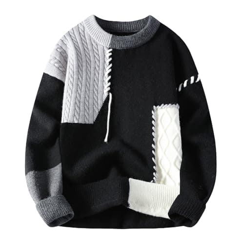 GURUNVANI Patchwork Sweater Mens Colorblock Jumper Cable Knitted Pullover Oversized, Black, Small