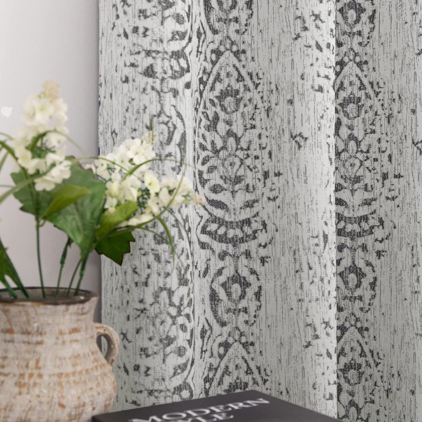 MrsNaturall Drapes 108 Inches Long Tall Curtains for High Ceiling Living Room 2 Panel with Damask Print Design Grommet Room Darkening Draperies for Sliding Glass DoorGrey and White