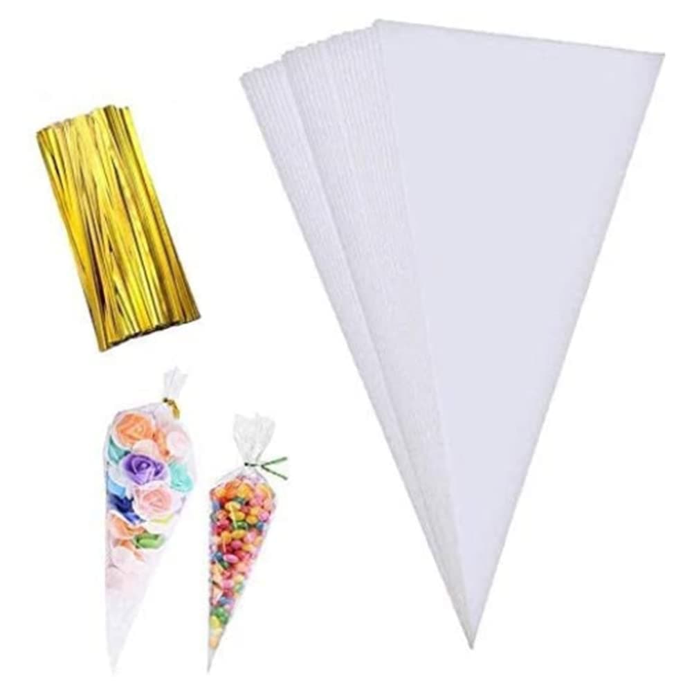 MAOUYWIEE 100 Pieces Popcorn Bags for Party Cone Shape Bags Transparent Cello Bags Sweet Clear Treat Bags with 100 Pieces Twist Ties 51 x98 Inch Gold Twist Ties