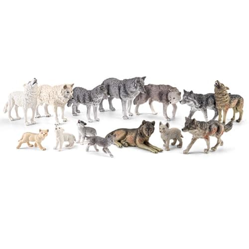 THINKBAY 14PCS Wolf Toy Animal Figurines Realistic Plastic Zoo Safari Animal Toys for Toddlers 3 4 5 6 7 Forest Wolf Animals Figures Educational Toy Cake Toppers Birthday Gift for Kids Boys Girls