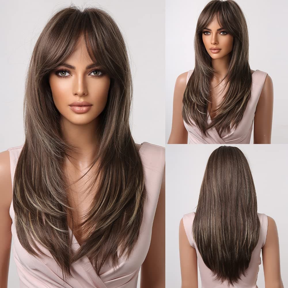 HAIRCUBE Brown Wigs for WomenLong Layered Brown with Highlight Wigs with Bangs Heat Resistant Synthetic Fibre Wigspelucas de cabello natural