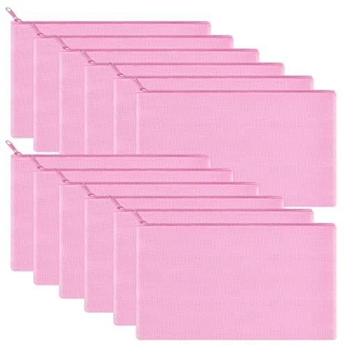 Sinzip 12 Pieces Cotton Canvas Makeup Bag Multipurpose Cosmetic Bag with Zipper Travel Toiletry Pouch Blank DIY Craft Bag Pink S