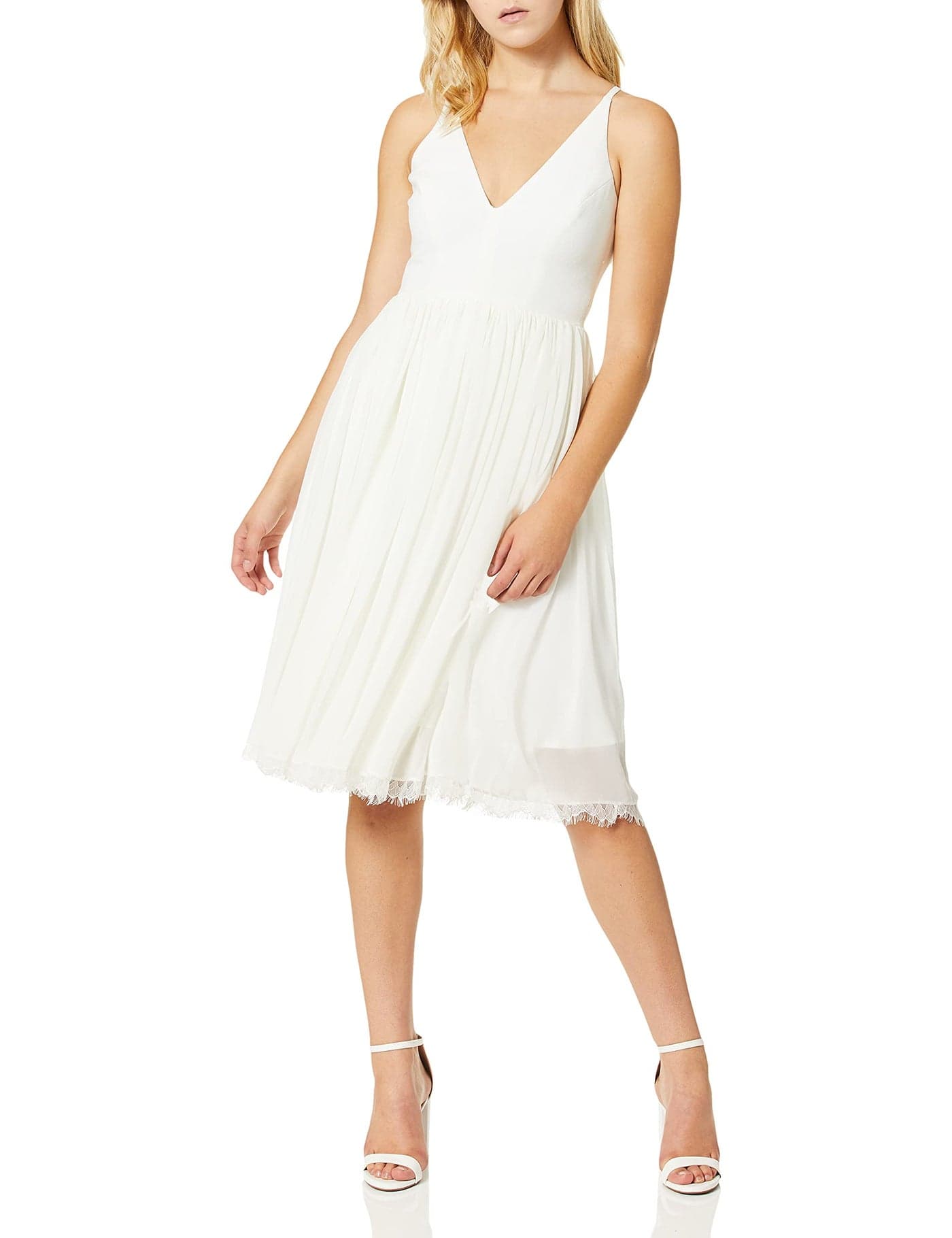 Dress the Population Womens Alicia Plunging Mix Media Sleeveless Fit and Flare Midi Dress, Off White, Large US