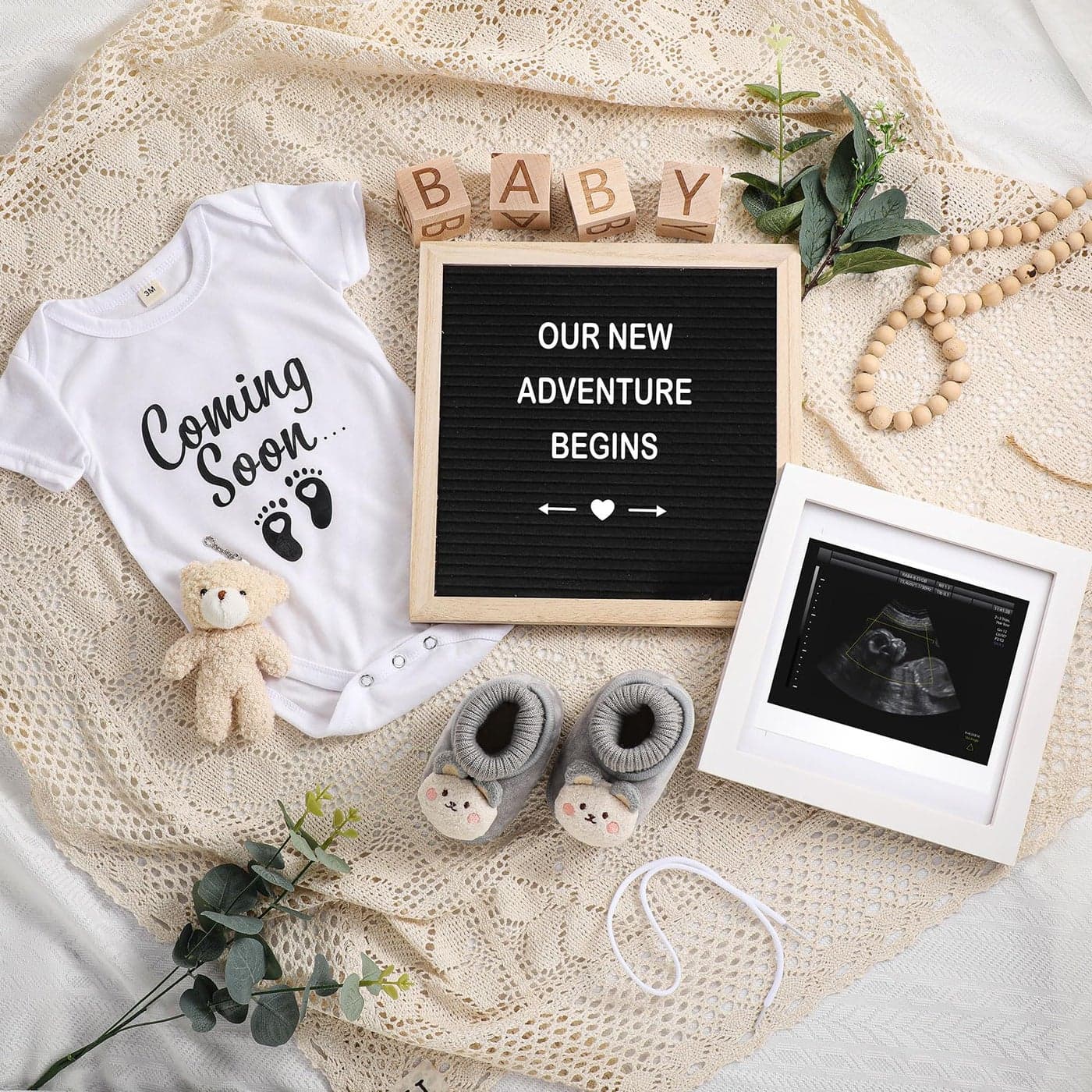 Canlierr 9 Pcs Pregnancy Announcement Set Pregnancy Reveal Ideas Felt Letter Board Baby Bodysuit Booties Photo Frame Bear Plush Wood Blocks for Coming Soon Baby AnnouncementBlack