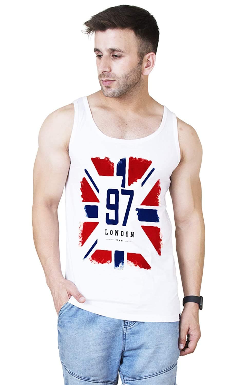 Veirdo Men's Cotton Regular Fit Printed Sleeveless T-Shirt (TSH_G497_LNDN_XL_White_X-Large)