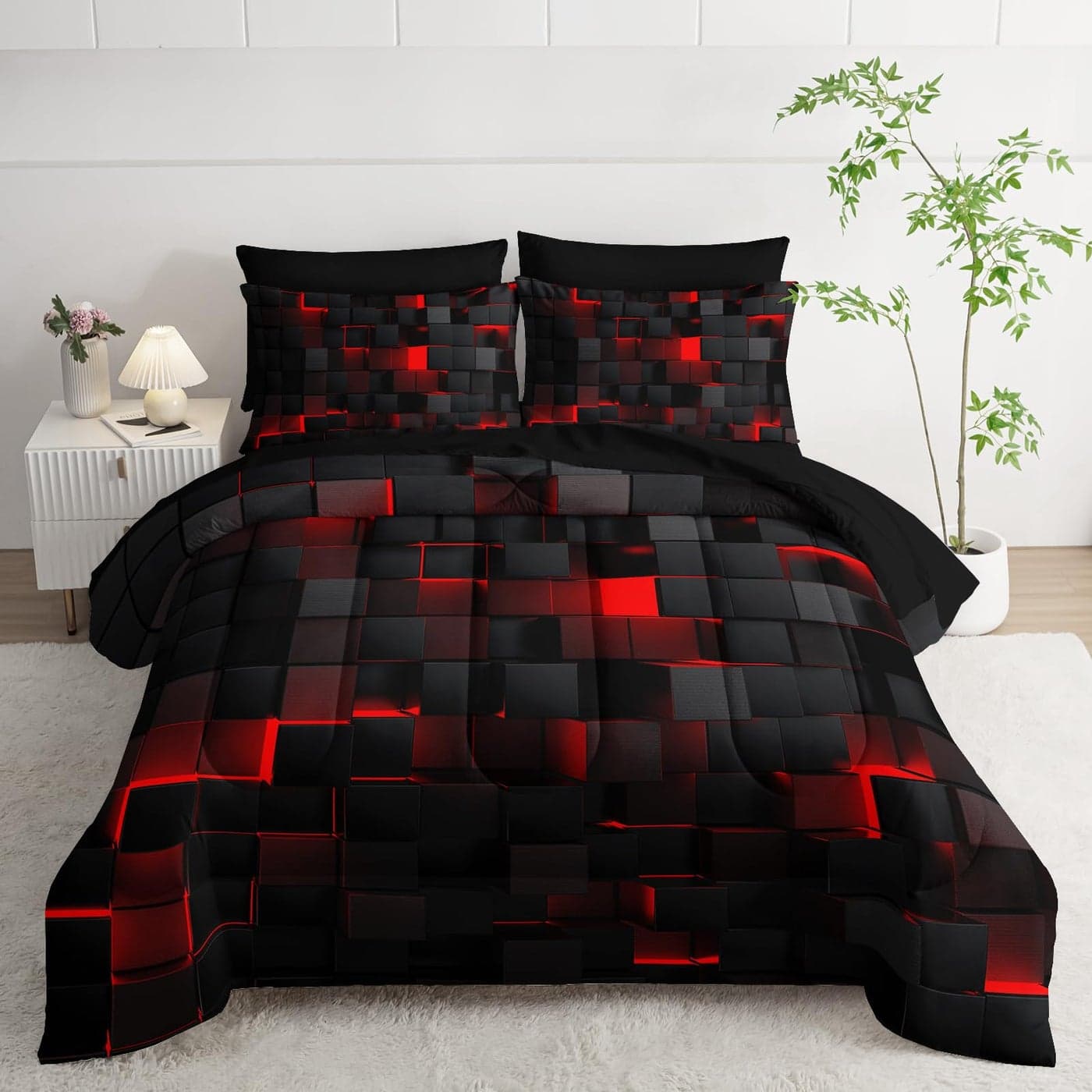 Nttopship Geometric Red Black King Comforter SetLight Honeycomb Bedding Set 7 Piece in A BagBed Sheet Set Geometry DecorMicrofiber Lightweight All Season