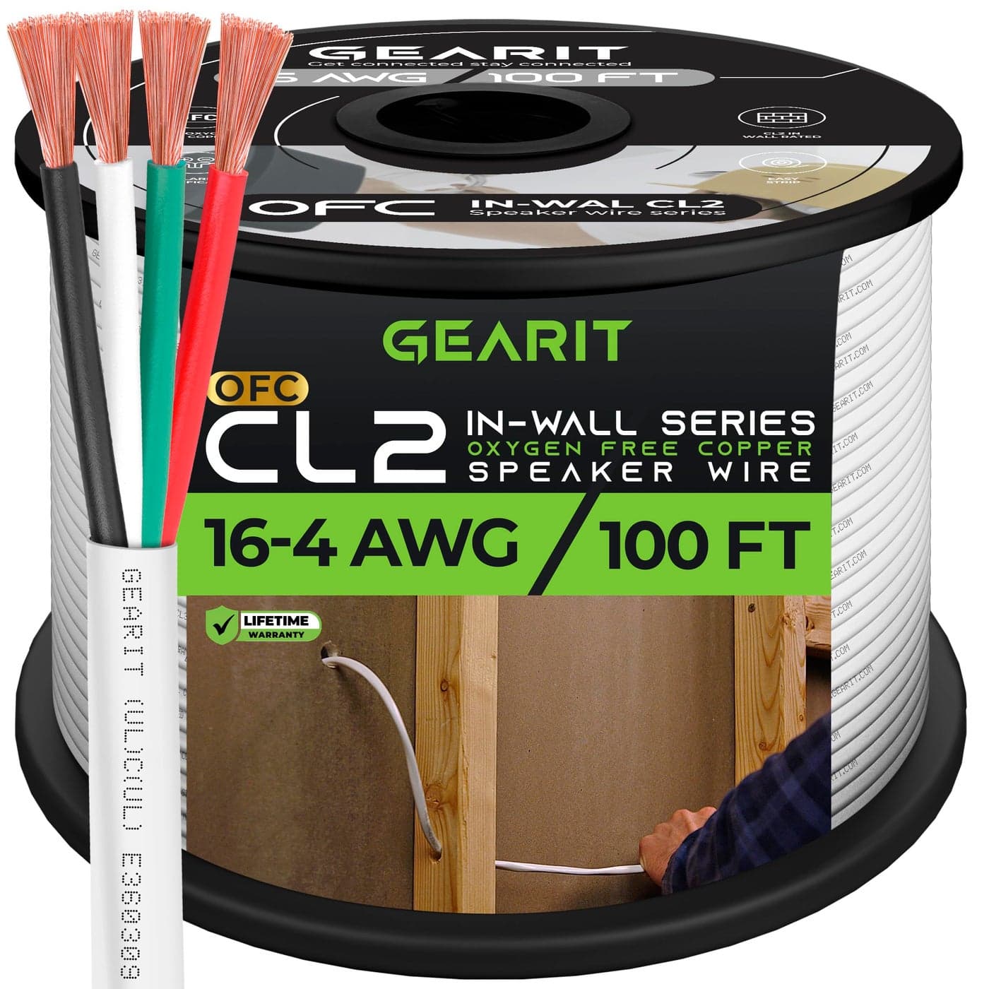 GearIT 16/4 Speaker Wire (100 Feet) 16AWG Gauge - Fire Safety in Wall Rated Audio Speaker Wire Cable / CL2 Rated / 4 Conductors - OFC Oxygen-Free Copper, White 100ft