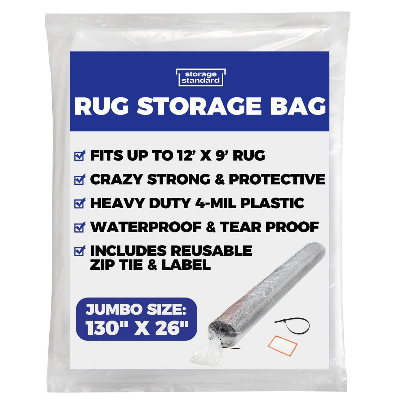 Heavy Duty Rug Storage Bag Reusable Rug Shipping Bag Waterproof Plastic Rug Cover Fits Rolled Carpet Up to 9 x 12 Feet 4 Mil Thick Tear Proof Plastic Storage Bag 1 Clear Bag 130 x 26 Inches