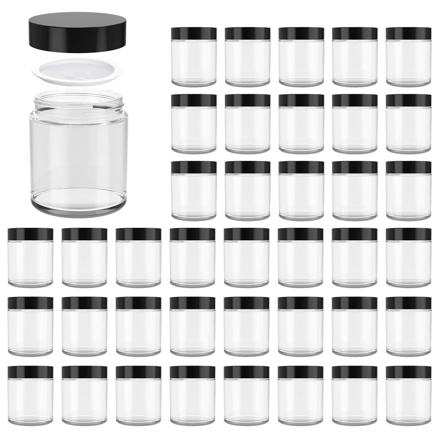 4 oz Glass Jars with Lids Hoa Kinh 40 Pack Clear Small Glass Jars with Black Lids Empty Cosmetic Containers Airtight Round Glass Jar for Lotions Powders and Ointments
