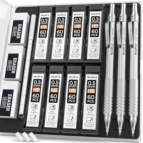 Nicpro 05 Mechanical Pencil Set with Case 3PCS MP1000 Metal Artist Pencil 8 Tube HB Lead Refills 05mm 3 Erasers9 Eraser Refills For Architect Writing Drafting Drawing Engineering Sketching