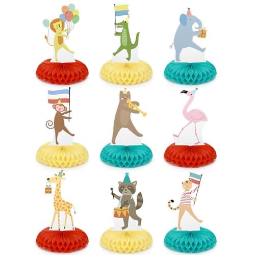 Potchen 9 Pcs Animal Parade Party Honeycomb Centerpieces Safari Themed Birthday Party Supplies Zoo Wild Animals Jungle Cake Table Decorations Baby Shower Decorations for Boys Girls