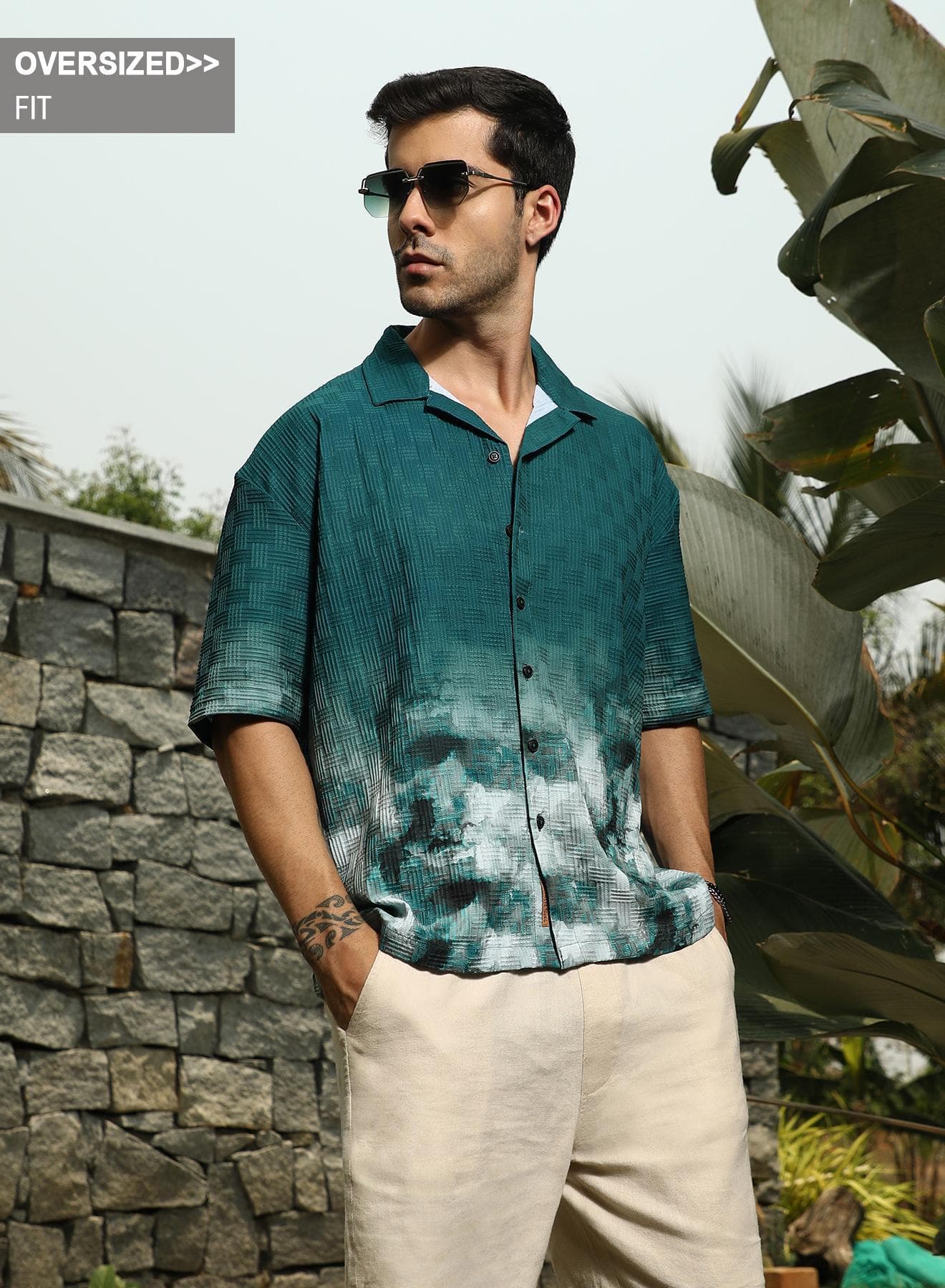 Men's Teal Green Abstract-Ombre Oversized Shirt