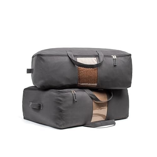 Soft Canvas Storage Bags with Zipper Thick Breathable 2pc KingQueen Comforter Organizer Four Carrying Handles and Window Large 25x19x9in Bag for Sheets Blankets Bedding Pillows Clothes Grey
