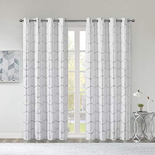 Intelligent Design Raina Total Blackout Metallic Print Grommet Top Single Window Curtain Panel Thermal Insulated Light Blocking Drape for Bedroom Living Room and Dorm 1 Piece, 84"x50", White/Silver