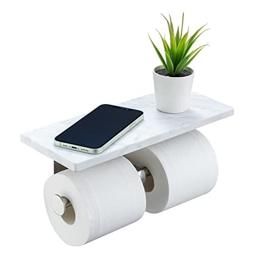 Toilet Paper Holder with Natural Marble Shelf for Bathroom Washroom,Wall Mounted Tissue Holder Suitable for Mega Roll (Brushed Nickel, Large 11.8 * 4.7)