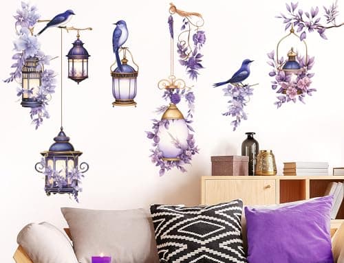 Buiory Removable 3D DIY Hanging Flowers Wall Decal Floral and Lamp Wall Sticker Peel and Stick Flower Vine Wall Decor for Kids Girls Bedroom Nursery Living Room Background Decoration Purple