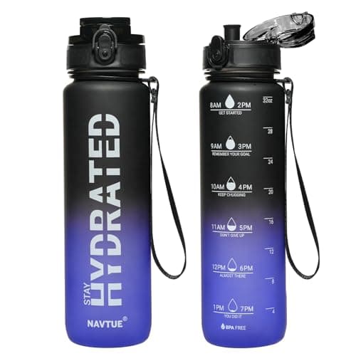 NAVTUE Water Bottle, 32 oz Sports Water Bottles with Time Marker Wide Mouth, Motivational and Leakproof Drink Bottle, BPA Free Tritan with Carry Strap for Gym Fitness Outdoor(1 Bottle)