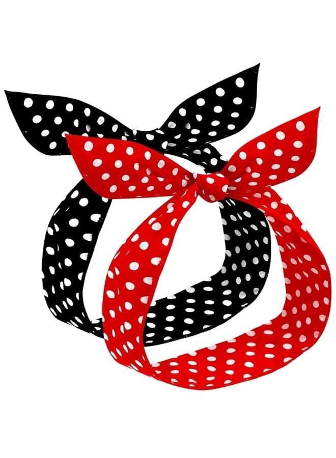 2 Pieces Polka Dot Headbands for Girls and Women Headband Retro Bandana 50s Wire Headband Vintage Print Christmas Hairband (Red, Black)