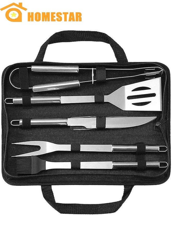 5 Pieces Stainless Steel BBQ Grill Tool Set with Knife, Brush, Fork Spatula, and Tong with Oxford Bag