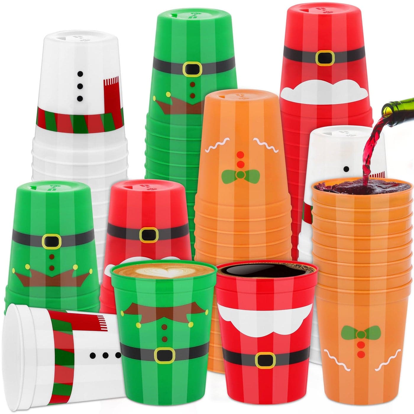 Kochorie 60 Pieces Christmas Plastic Party Cups 16 Ounces Christmas Plastic Tumblers Disposable Holiday Stadium Cups Santas Belt Plastic Tumblers Assorted Styles for Christmas Party Supplies