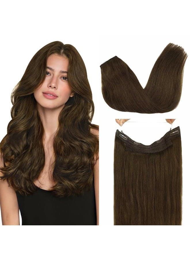 Human Hair Extensions Halo Hair Chocolate Brown Straight Real Halo Hair Extensions Flip in Natural Hair 80g 18 Inch Hidden Crown Wire Hair Extensions with Transparent Fish Line Invisible