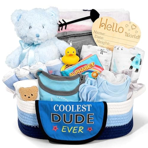 iAOVUEBY Baby Gift Set for Newborn, New Baby Boy Gift Basket, Newborn Essentials Hat Onesie Bear Toys Keepsake Blanket Infant Diaper Changing Pad Bibs, Baby Shower Gifts for Boys