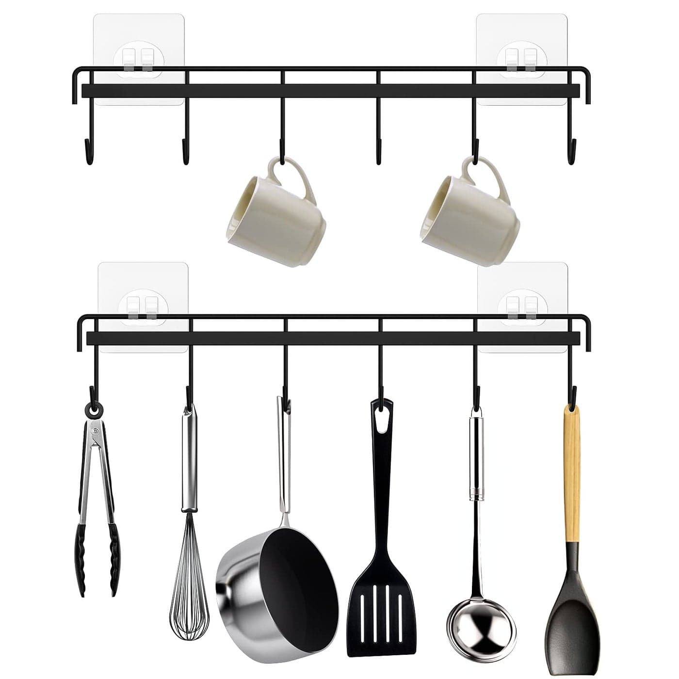 HOMEBROS Kitchen Utensil Hanger, Black Adhesive Utensil Holder Wall Mount Kitchen Utensil Rack Rail with 12 Kitchen Hooks Space Saving No Drilling for Kitchen Pantry Camper 2 Pcs