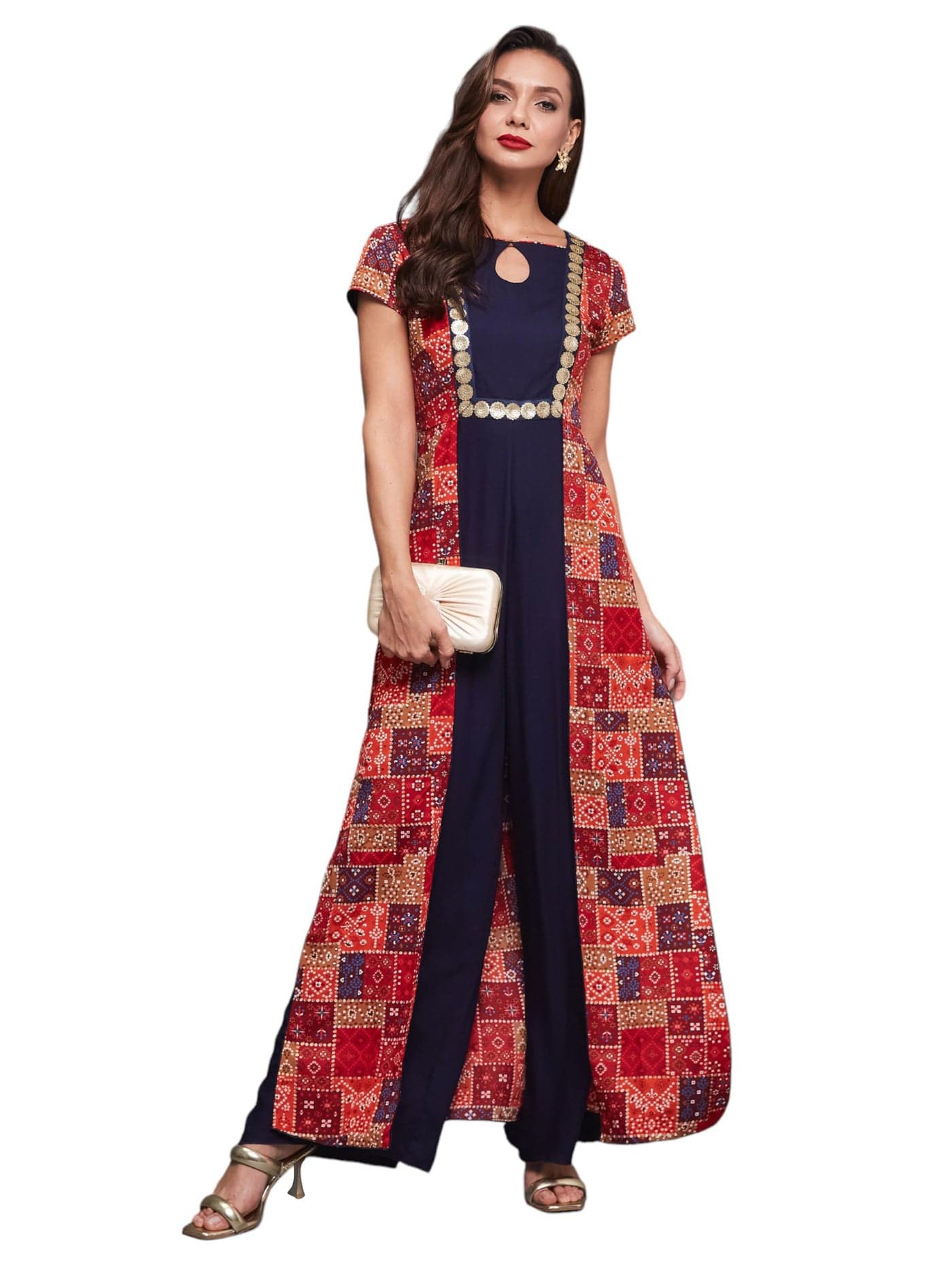 Miss Chase Women's Keyhole Neck Regular Sleeve Bohemian Paneled Regular Length Jumpsuit with Pockets (MCSS23D15-66-224-04, Multicolored, M)