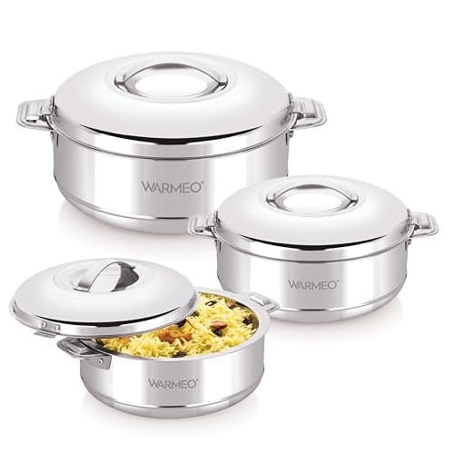 WARMEO Steam Insulated Stainless Steel Casseroles| Easy to Carry Hot Boxes for Kitchen | Hot Food, Easy to Store| Silver| Set of 3 (1500,2500,3500ml)
