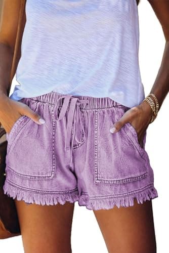 YOCUR Women Loose Casual Denim Shorts Cute Trendy Fringe Short Jeans Aesthetic Elastic Waist Kawaii Vintage Hot Pants Purple S